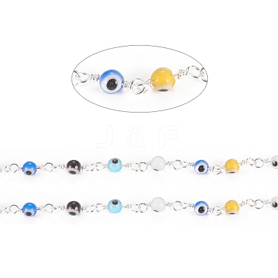 3.28 Feet Handmade Evil Eye Lampwork Round Beaded Chains X-CHC-G009-A-S04-1
