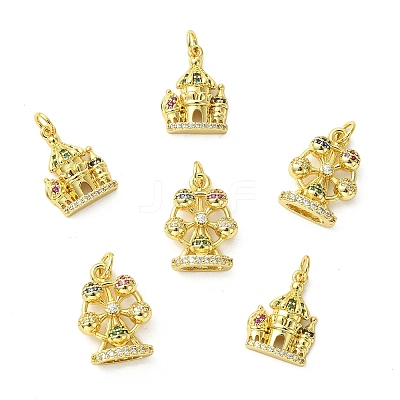 6Pcs 2 Styles Ferris Wheel & Castle Brass Micro Pave Cubic Zirconia Pendants KK-CJ0005-74-1