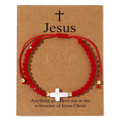 Adjustable Sea Shell Cross & Faceted Rondelle Glass Braided Bead Bracelets for Women AZ6679-1-1