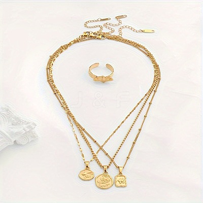 Oval/Flat Round/Rectangle with Rose Pattern 304 Stainless Steel Pendant Necklaces & Ginkgo Leaf Cuff Ring Sets FS-WGBCCD7-01-1