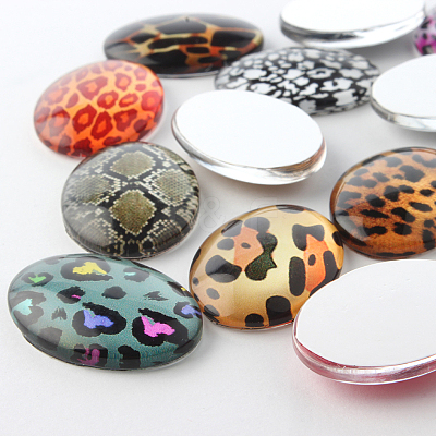 Leopard Print Theme Ornaments Decorations Glass Oval Flatback Cabochons GGLA-A003-18x25-GG-1
