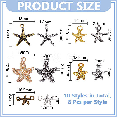 80Pcs 10 Styles DIY Starfish Tibetan Style Alloy Pendants & Links Connector Charms Findings Kits FIND-HY0004-63-1