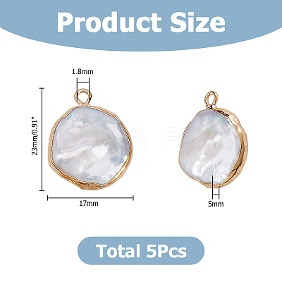 5Pcs Electroplated Natural Keshi Pearl Flat Round Pendants PEAR-HS0001-23-1