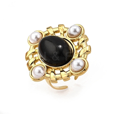 304 Stainless Steel with Natural Gemstone and Plastic Imitation Pearl Adjustable Cuff Rings for Women RJEW-Z096-02G-03-1