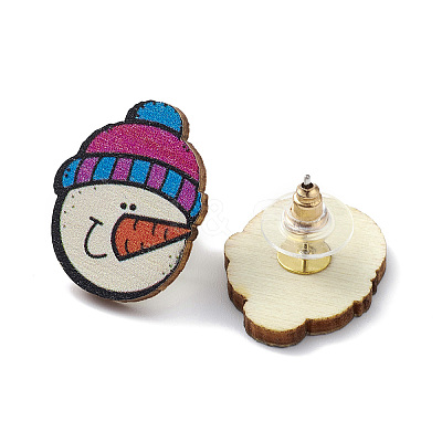Christmas Printed Wooden Stud Earrings EJEW-D046-08-1