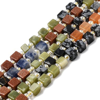 Synthetic Goldstone & Natural Chinese Southern Jade & Red Aventurine & Tiger Eye & Sodalite & Obsidian & Snowflake Obsidian Beads Strands G-H333-03J-1