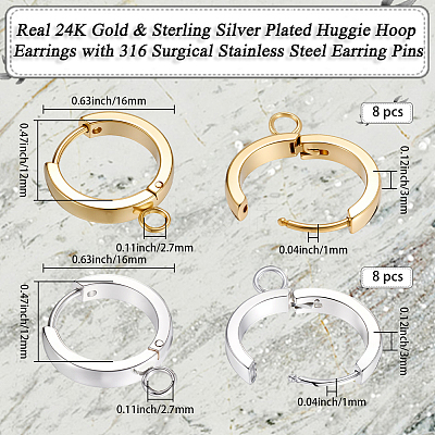 16Pcs 2 Colors 201 Stainless Steel Huggie Hoop Earrings Findings STAS-BBC0008-39C-1