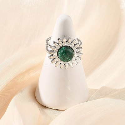 Natural Malachite & Stainless Steel Cuff Open Rings RJEW-JR01091-02-1