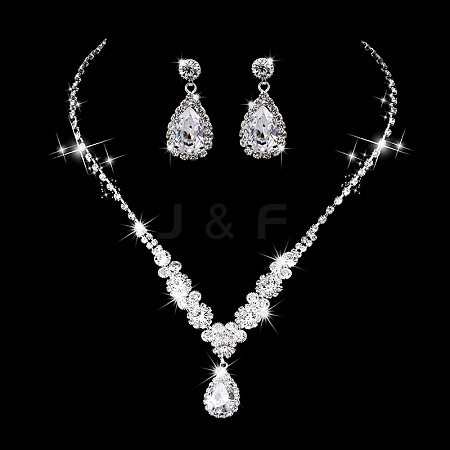 Teardrop & Flower Alloy Crystal Rhinestone Pendant Necklace & Stud Dangle Earrings Sets FS-WGA0F52-02-1