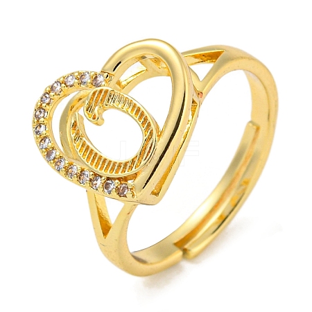 Heart with Letter Rack Plating Brass Micro Pave Cubic Zirconia Adjustable Rings for Women RJEW-I105-06G-O-1