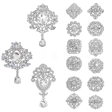 15Pcs 15 Style Crystal Rhinestone Flower & Rhombus & Oval Badges JEWB-GA0001-41-1