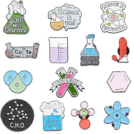 14Pcs 14 Styles Black Alloy Chemistry Theme Brooches JEWB-SC0001-48-1