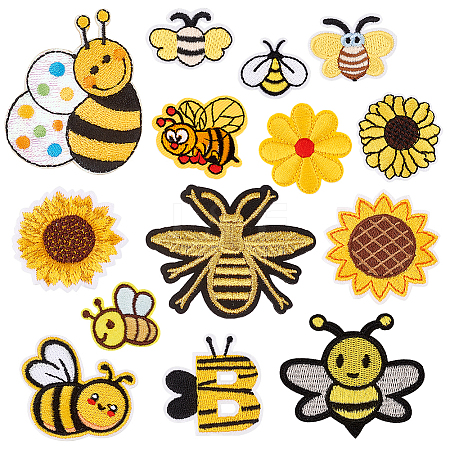 AHADERMAKER 14 Styles Bees & Sunflower Computerized Embroidery Cloth Iron on/Sew on Patches DIY-GA0005-85-1