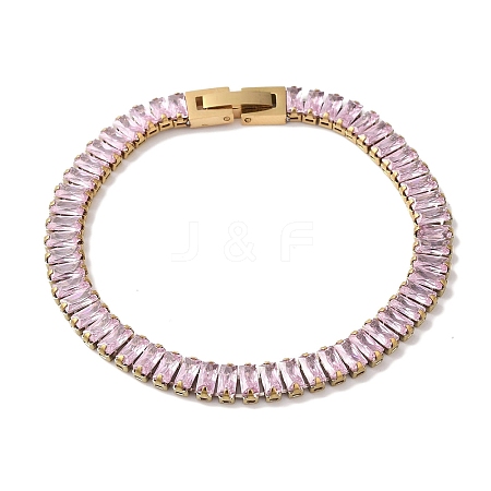 Ion Plating(IP) 304 Stainlessa Steel Pave Pink Cubic Zirconia Rectangle Link Chain Bracelets for Women BJEW-Z066-01G-02-1