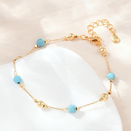 Brass & Synthetic Turquoise Link Chain Bracelets KK-H299-03G-1