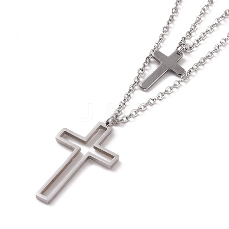 Non-Tarnish Stainless Steel Hollow Out Cross Pendant Double Layer Necklace with Cable Chains for Men Women NJEW-E088-01P-1