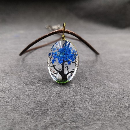 Alloy Wire Wrapped Oval Glass Inner Dried Flower Tree Pendant Waxed Cord Necklaces for Women FS-WG6B63C-12-1