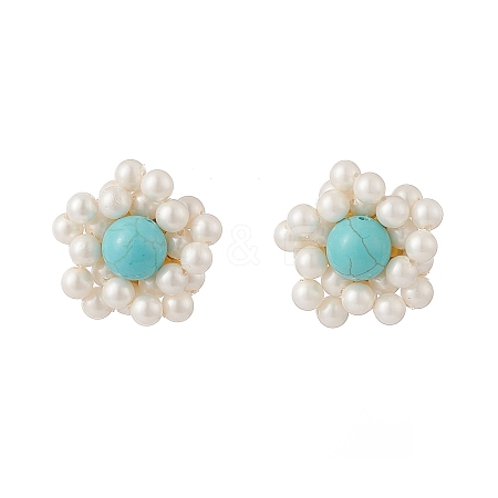 Synthetic Green Turquoise & Shell Pearl Braided Flower Stud Earrings EJEW-TA00161-1