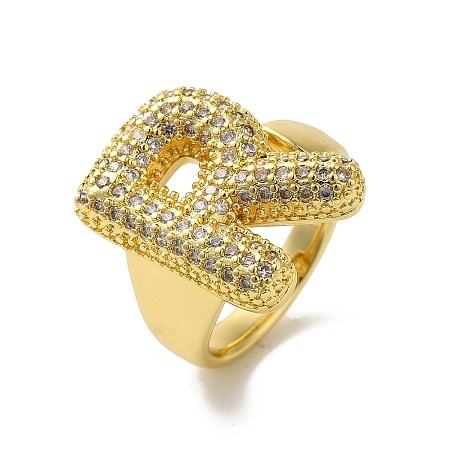 Letter Brass Micro Pave Clear Cubic Zirconia Open Cuff Ring for Women RJEW-N046-03R-G-1