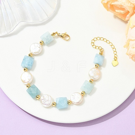 Natural Aquamarine & Keshi Pearl Beaded Bracelets for Women BJEW-JB14007-03-1