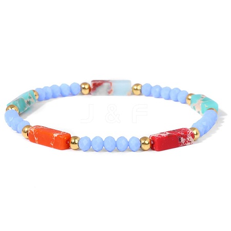 Dyed Synthetic Imperial Jasper Cuboid & Faceted Rondelle Dyed White Jade & Round Brass Beaded Stretch Bracelets QY8342-11-1