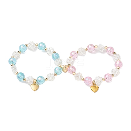 2Pcs 2 Colors Flower & Round Acrylic Beaded Couple Stretch Bracelet Sets BJEW-JB10451-1