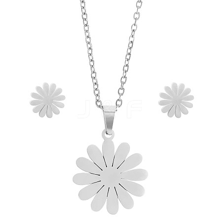 316 Surgical Stainless Steel Daisy Stud Earrings and Pendant Necklace JX376A-1