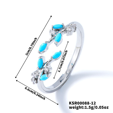 Exquisite Brass Cubic Zirconia Willow Leaf Cuff Rings for Women UN6923-12-1