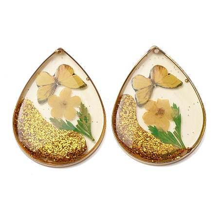 Brass & Transparent Epoxy Resin & Dried Flower Pendants RESI-G133-05G-01-1