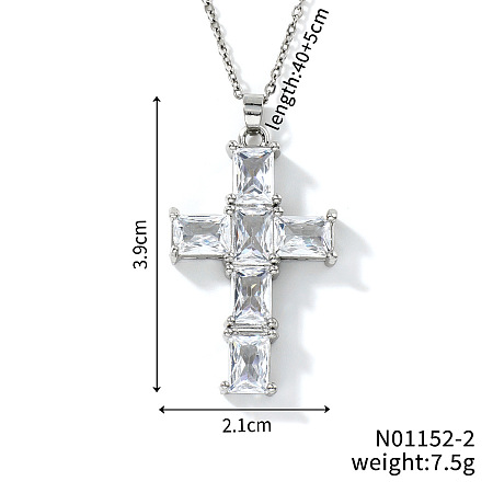 Brass Shiny Clear Cubic Zirconia Cross Pendant Necklaces Fashionable and Versatile NZ6047-2-1