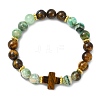 Natural Tiger Eye & Green Line Jasper & Alloy Beads Stretch Bracelets for Women Men BJEW-JB14037-3