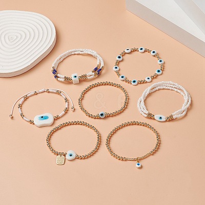 7Pcs 7 Style Evil Eye Lampwork & Glass Seed & Brass Beaded Stretch Bracelets Set for Women BJEW-JB09249-02-1