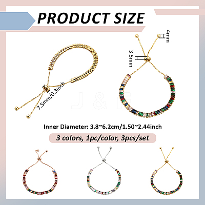 3Pcs 3 Colors Brass Pave Cubic Zirconia Beads Slider Bracelets for Women BJEW-GO0001-07-1