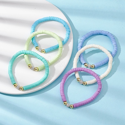 6Pcs 6 Color Polymer Clay Disc & Rhinestone Beaded Stretch Bracelets Set BJEW-JB09673-1