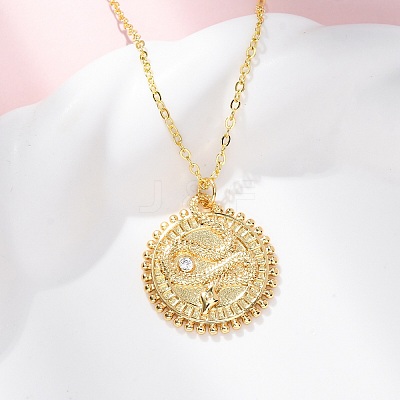 Brass Micro Pave Clear Cubic Zirconia Flat Round with Snake Pendant Necklaces NJEW-S438-02A-G-1