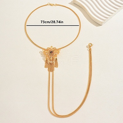 Vintage Gothic Style Brass Pave Cubic Zirconia Flower Long Tassel Lariat Necklace Brooch for Women GO0016-2-1