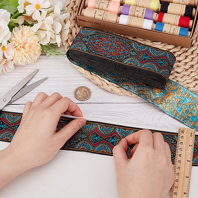 National Style Polyester Jacquard Flower Ribbon for Garment Accessories OCOR-WH0097-39B-1