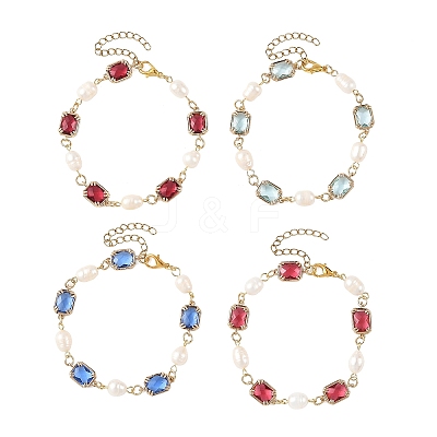 Natural Cultured Freshwater Pearl & Brass Glass Link Chains Bracelets for Women BJEW-JB14214-1