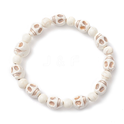 2Pcs 2 Styles Halloween Synthetic Turquoise Skull & Round Beaded Stretch Bracelet Sets for Men Women BJEW-JB12252-1