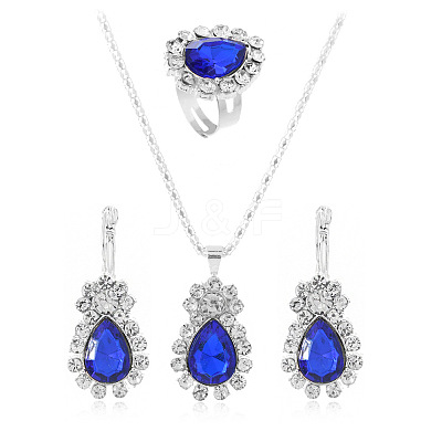 Teardrop Alloy Rhinestone Earring & Pendant Necklaces & Finger Rings Sets FS-WG77DAC-02-1