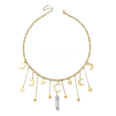 Moon & Star 304 Stainless Steel & Natural Quartz Crystal Charms Bib Necklace NJEW-TA00094-1