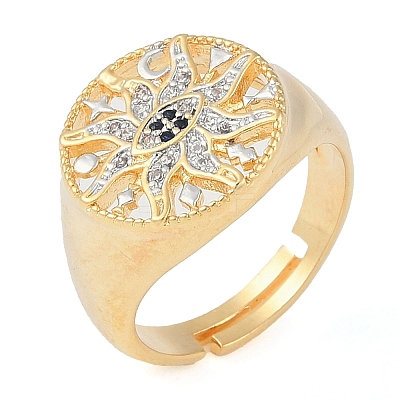 Sun with Eye Brass Micro Pave Clear Cubic Zirconia Adjustable Rings for Women RJEW-Q819-15G-1