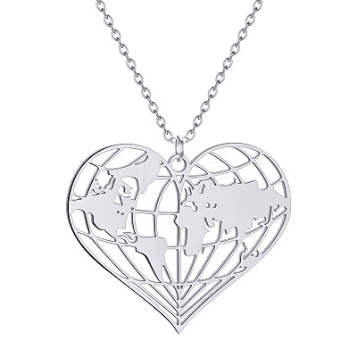 201 Stainless Steel Heart with Map Pendant Necklaces for Women FS-WGB4230-02-1
