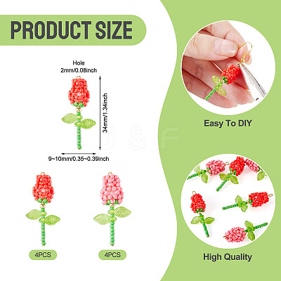 8Pcs 2 Colors Glass Seed Beaded Rose Pendants PALLOY-TA00352-1