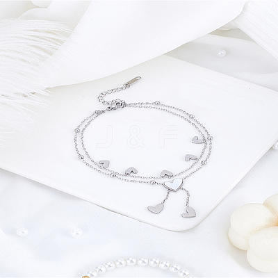 1Pc Stainless Steel Double Layer Heart Tassel Anklets for Women AJEW-LP0011-01-1