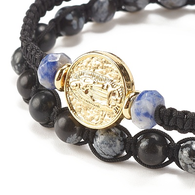 2Pcs 2 Style Natural Snowflake Obsidian & Blue Spot Jasper Braided Bead Bracelets Set with Brass Virgin Mary BJEW-JB07947-1