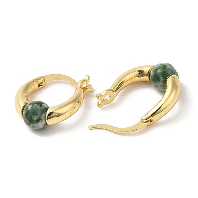 Natural Green Spot Jasper Round Beaded Hoop Earrings EJEW-A099-03G-04-1
