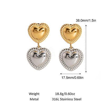 304 Stainless Steel Two Tone Heart Dangle Stud Earrings CY2575-3-1