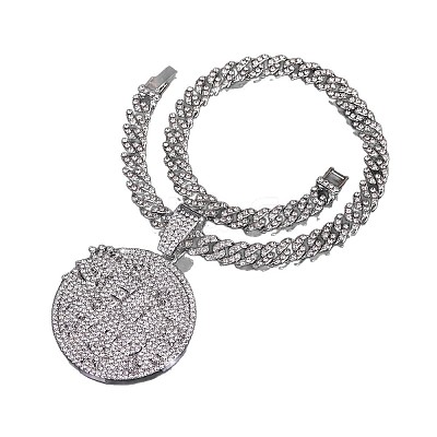 Hip-Hop Alloy Full Crystal Rhinestone Self Made Medal Pendant Cuban Link Chain Necklaces for Men Women FS-WG8D003-07-1