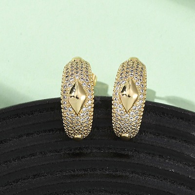 Brass Micro Pave Clear Cubic Zirconia C-Shaped with Rhombus Stud Earrings EJEW-B153-17G-02-1